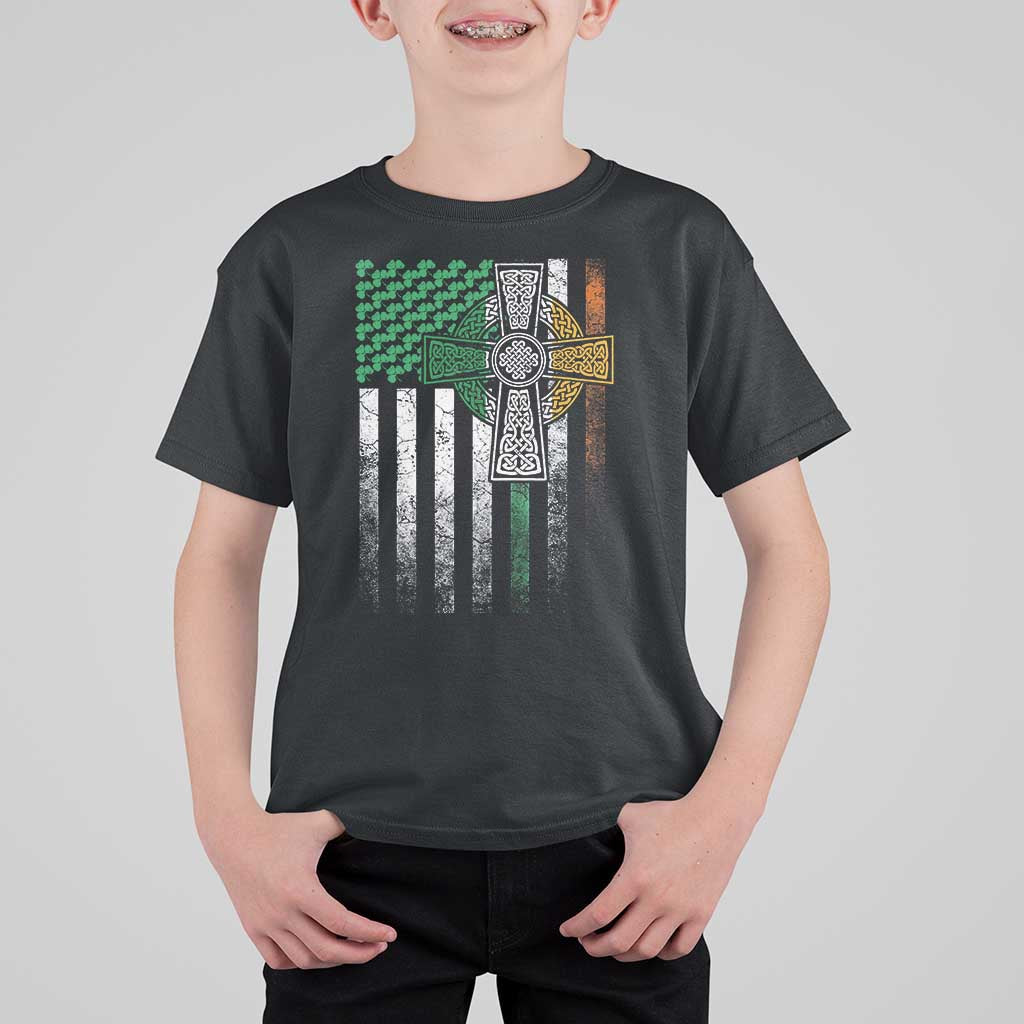 Irish Pride T Shirt For Kid American Flag Celtic Cross Shamrock St Patrick's Day