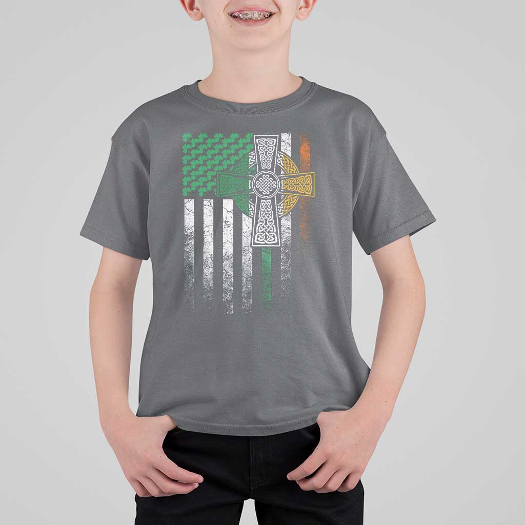 Irish Pride T Shirt For Kid American Flag Celtic Cross Shamrock St Patrick's Day
