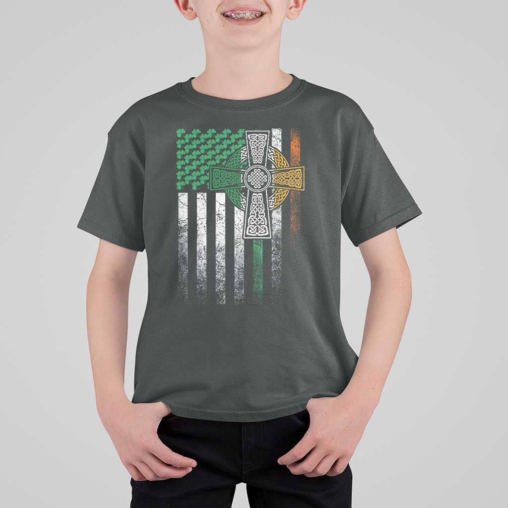 Irish Pride T Shirt For Kid American Flag Celtic Cross Shamrock St Patrick's Day