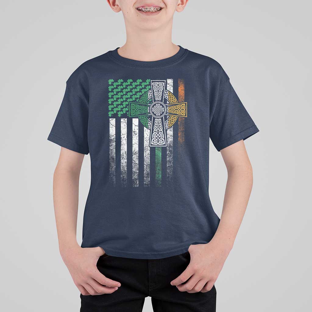 Irish Pride T Shirt For Kid American Flag Celtic Cross Shamrock St Patrick's Day
