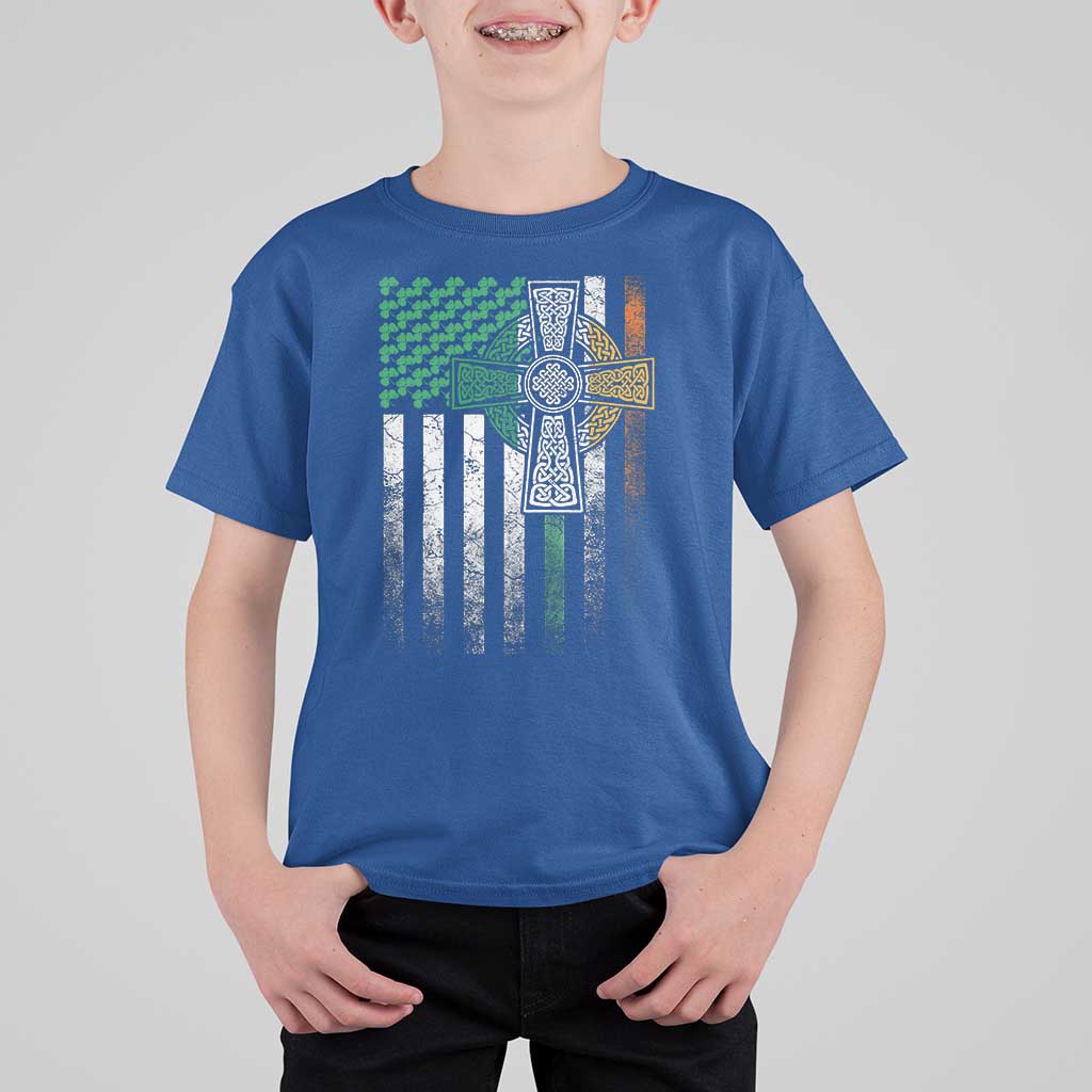 Irish Pride T Shirt For Kid American Flag Celtic Cross Shamrock St Patrick's Day