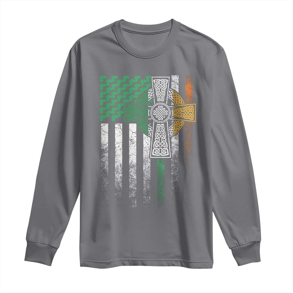 Irish Pride Long Sleeve Shirt American Flag Celtic Cross Shamrock St Patrick's Day