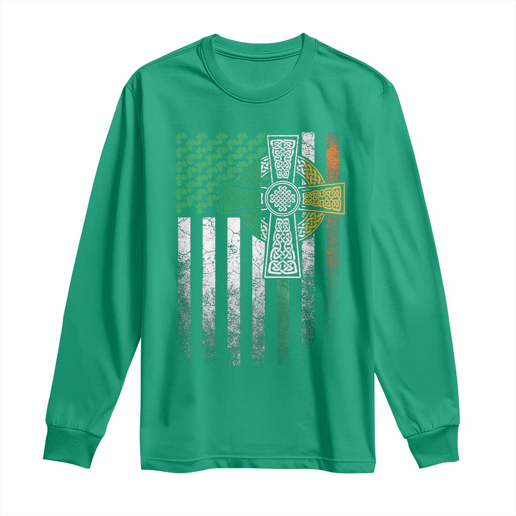 Irish Pride Long Sleeve Shirt American Flag Celtic Cross Shamrock St Patrick's Day