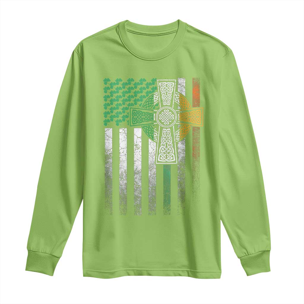 Irish Pride Long Sleeve Shirt American Flag Celtic Cross Shamrock St Patrick's Day