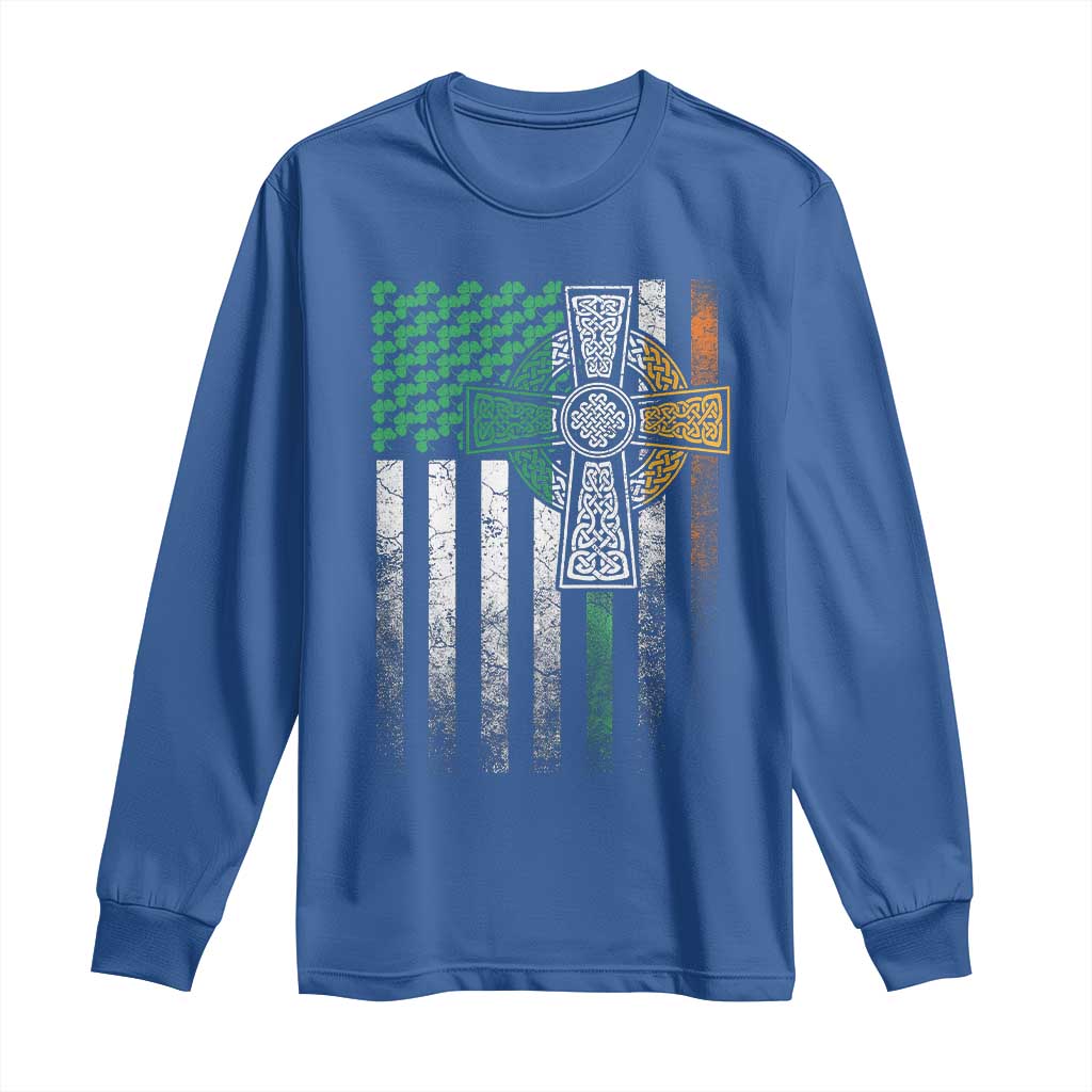 Irish Pride Long Sleeve Shirt American Flag Celtic Cross Shamrock St Patrick's Day