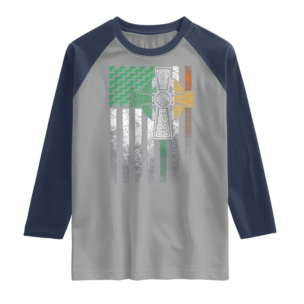 Irish Pride Raglan Shirt American Flag Celtic Cross Shamrock St Patrick's Day