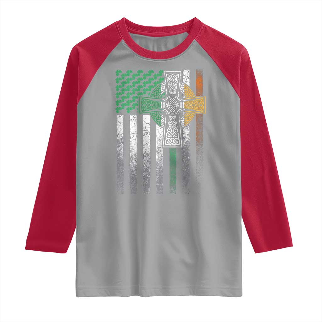 Irish Pride Raglan Shirt American Flag Celtic Cross Shamrock St Patrick's Day