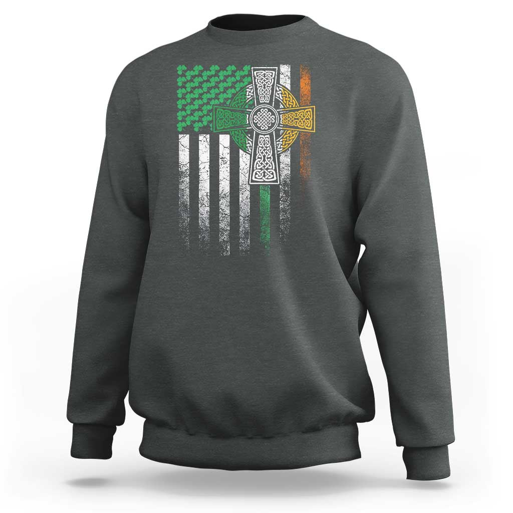 Irish Pride Sweatshirt American Flag Celtic Cross Shamrock St Patrick's Day
