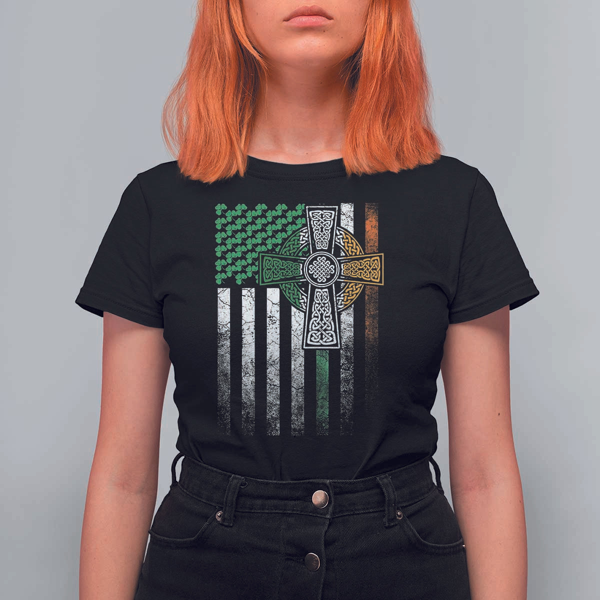 Irish Pride T Shirt For Women American Flag Celtic Cross Shamrock St Patrick's Day