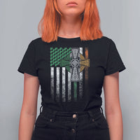 Irish Pride T Shirt For Women American Flag Celtic Cross Shamrock St Patrick's Day