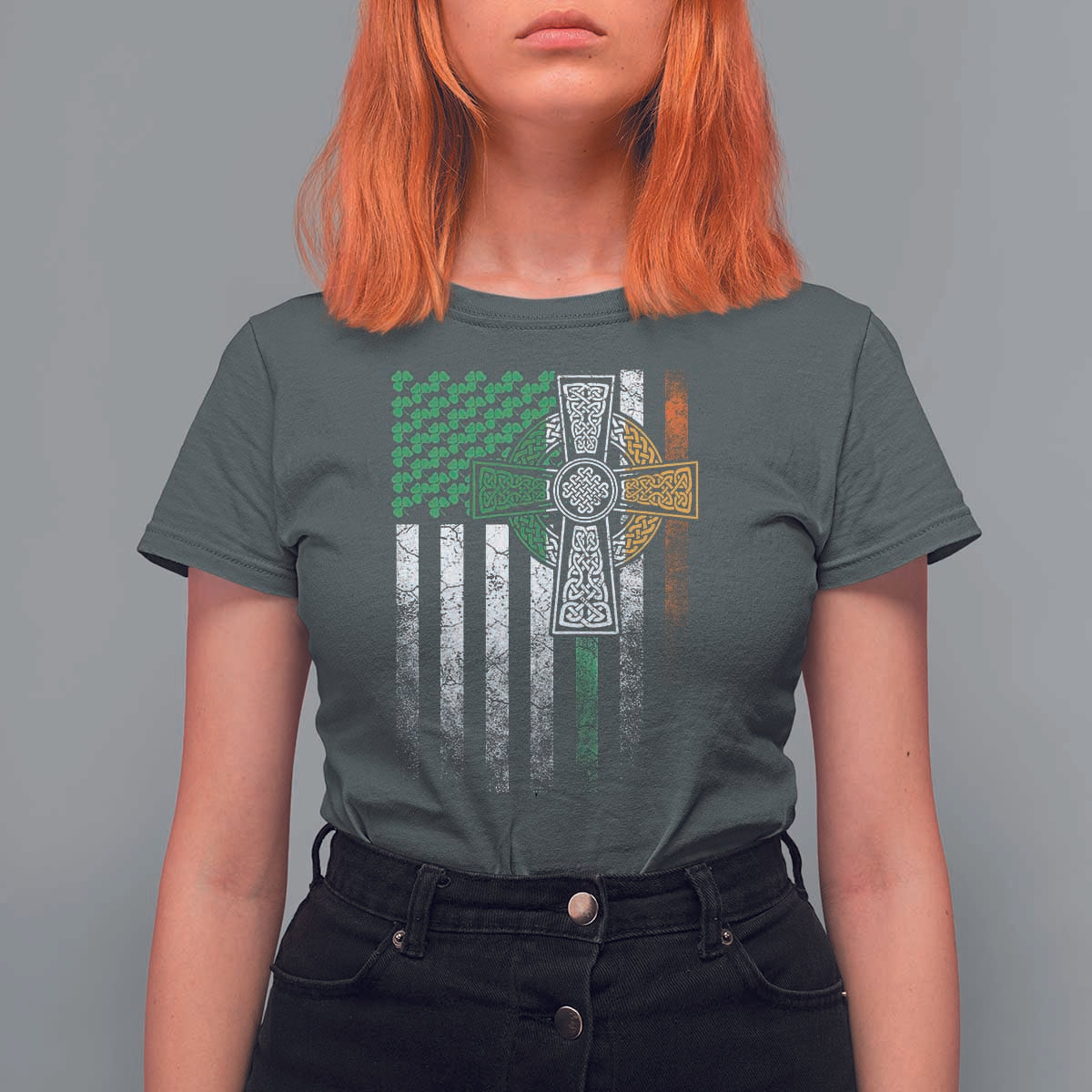 Irish Pride T Shirt For Women American Flag Celtic Cross Shamrock St Patrick's Day