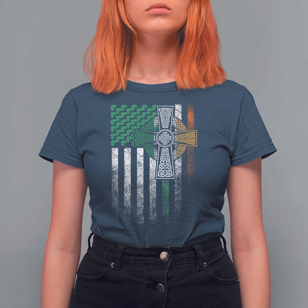 Irish Pride T Shirt For Women American Flag Celtic Cross Shamrock St Patrick's Day