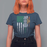 Irish Pride T Shirt For Women American Flag Celtic Cross Shamrock St Patrick's Day