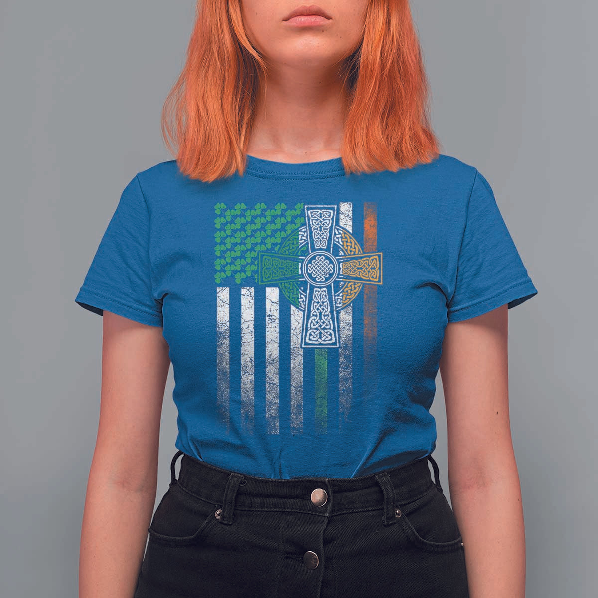 Irish Pride T Shirt For Women American Flag Celtic Cross Shamrock St Patrick's Day