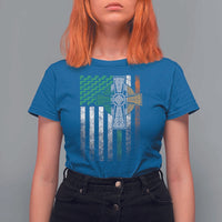Irish Pride T Shirt For Women American Flag Celtic Cross Shamrock St Patrick's Day