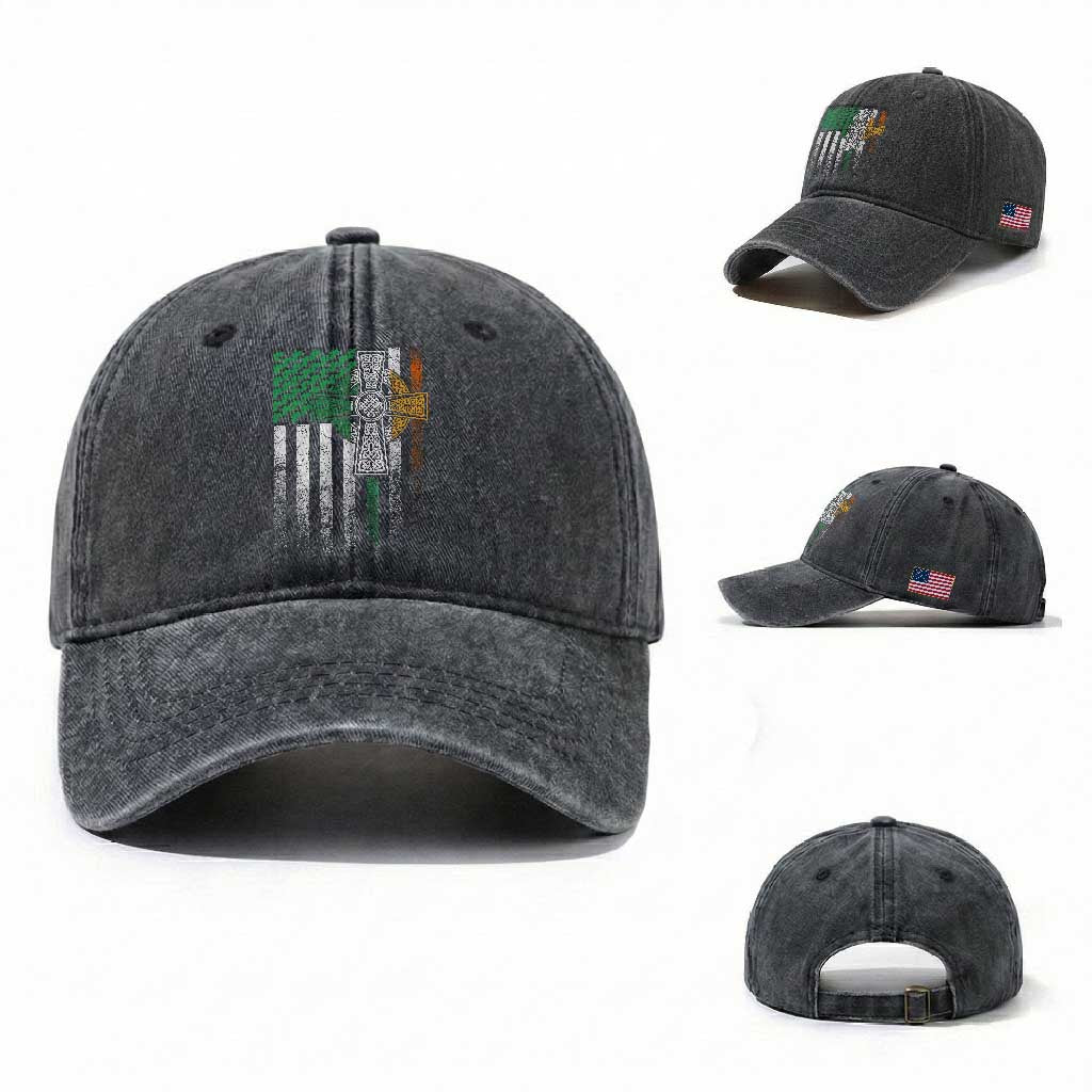 Irish Pride Washed Cotton Baseball Cap American Flag Celtic Cross Shamrock St Patrick's Day