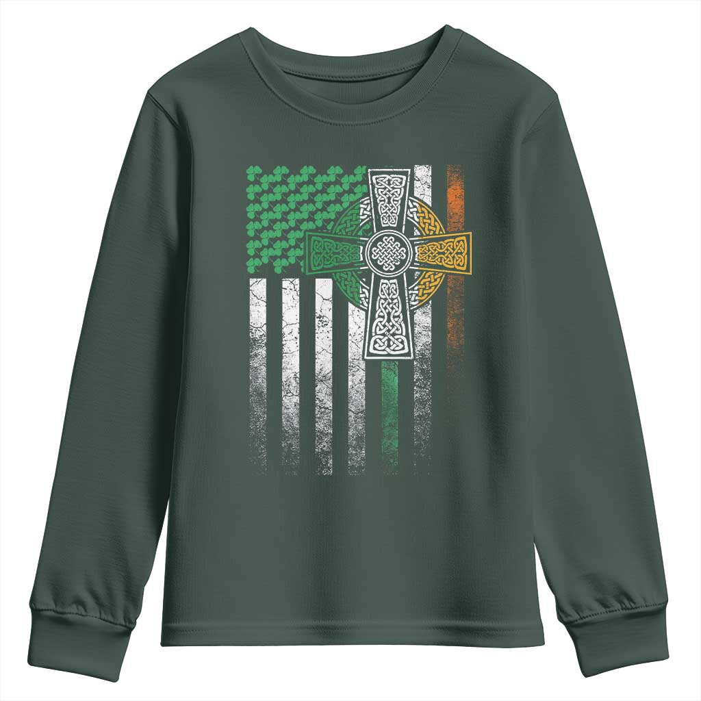 Irish Pride Youth Sweatshirt American Flag Celtic Cross Shamrock St Patrick's Day