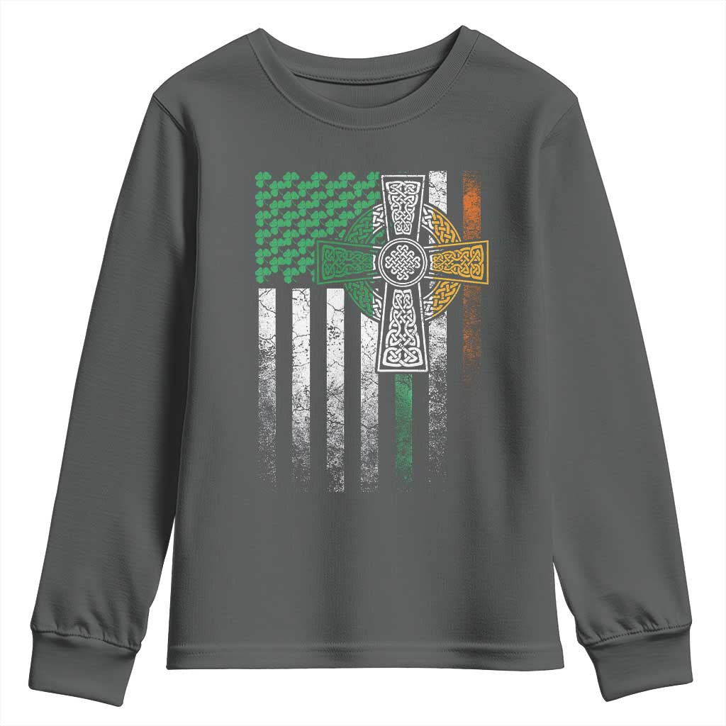 Irish Pride Youth Sweatshirt American Flag Celtic Cross Shamrock St Patrick's Day