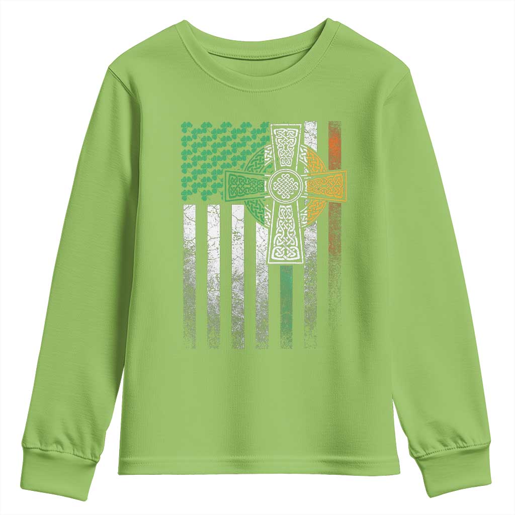 Irish Pride Youth Sweatshirt American Flag Celtic Cross Shamrock St Patrick's Day