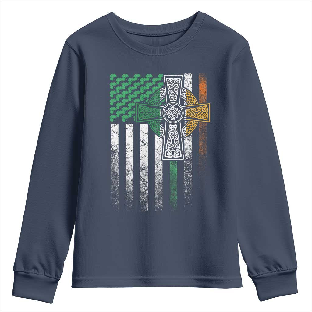 Irish Pride Youth Sweatshirt American Flag Celtic Cross Shamrock St Patrick's Day