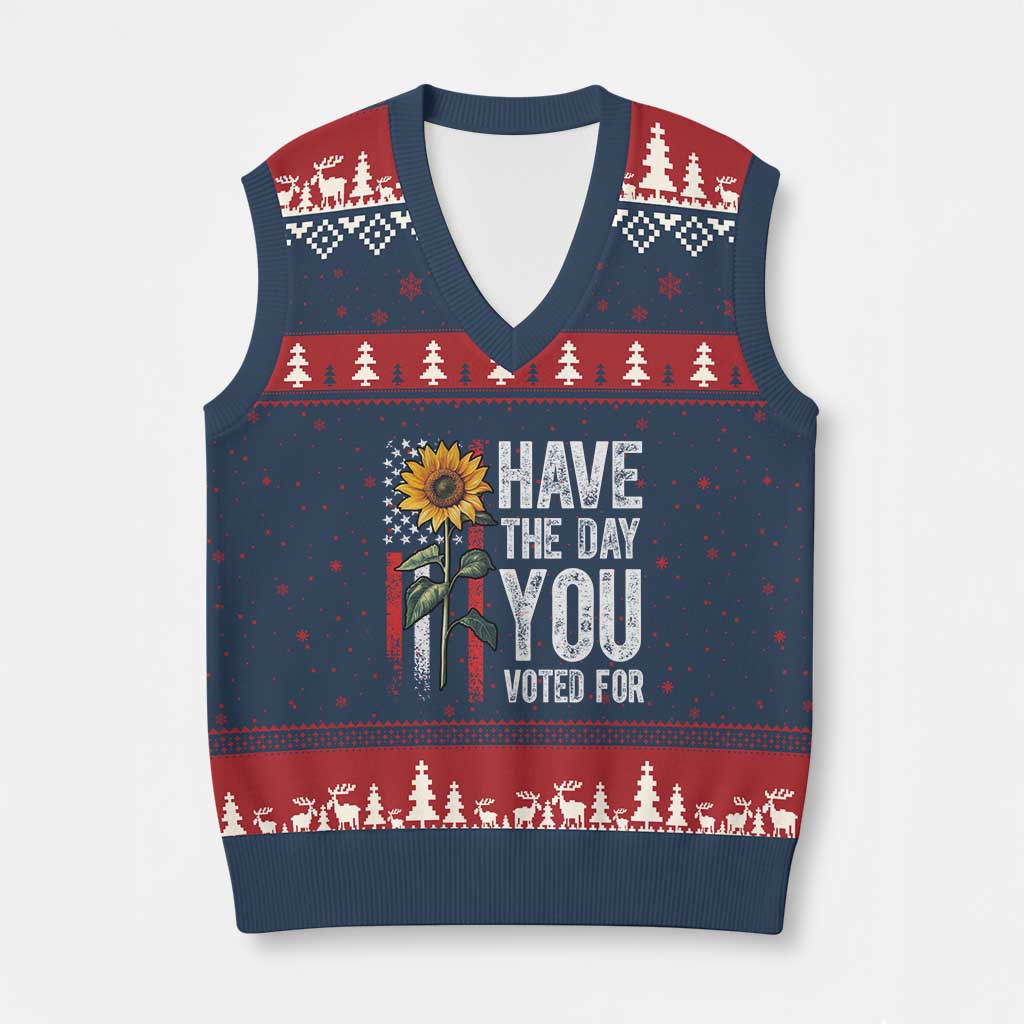 Have The Day You Voted For V-Neck Knit Sweater Vest Vintage American Flag Sunflower - Wonder Print Shop