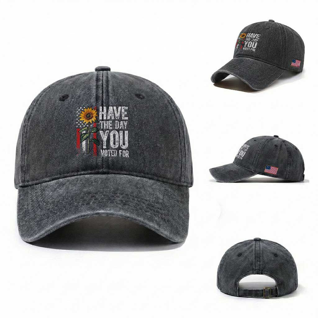 Have The Day You Voted For Washed Cotton Baseball Cap Vintage American Flag Sunflower