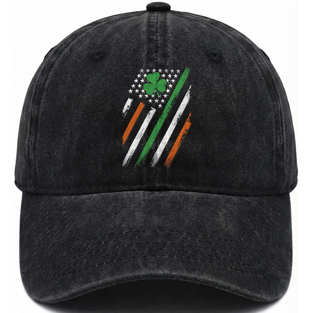 Funny Irish American Flag Shamrock Washed Cotton Baseball Cap