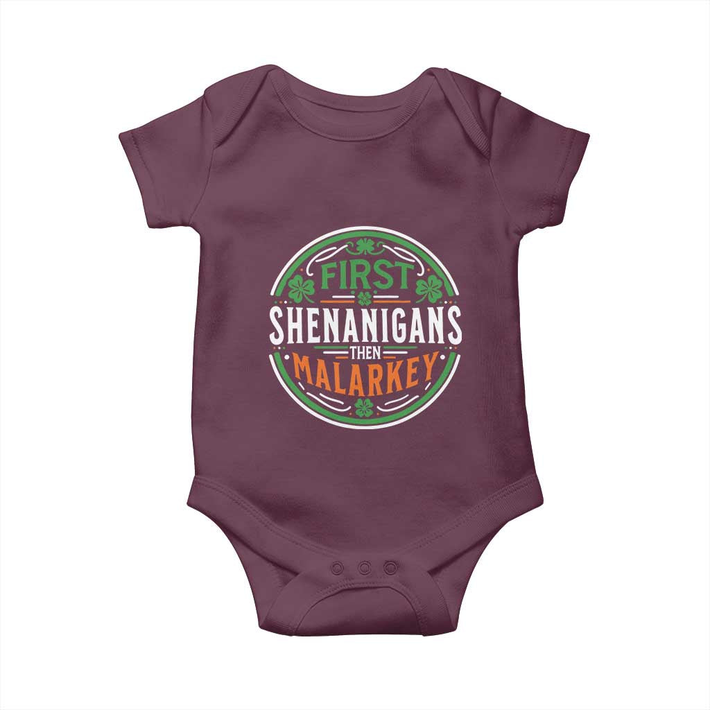 Funny First Shenanigans Then Malarkey Baby Onesie Irish Shamrock St Patrick's Day