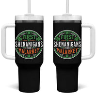 Funny First Shenanigans Then Malarkey Tumbler With Handle Irish Shamrock St Patrick's Day