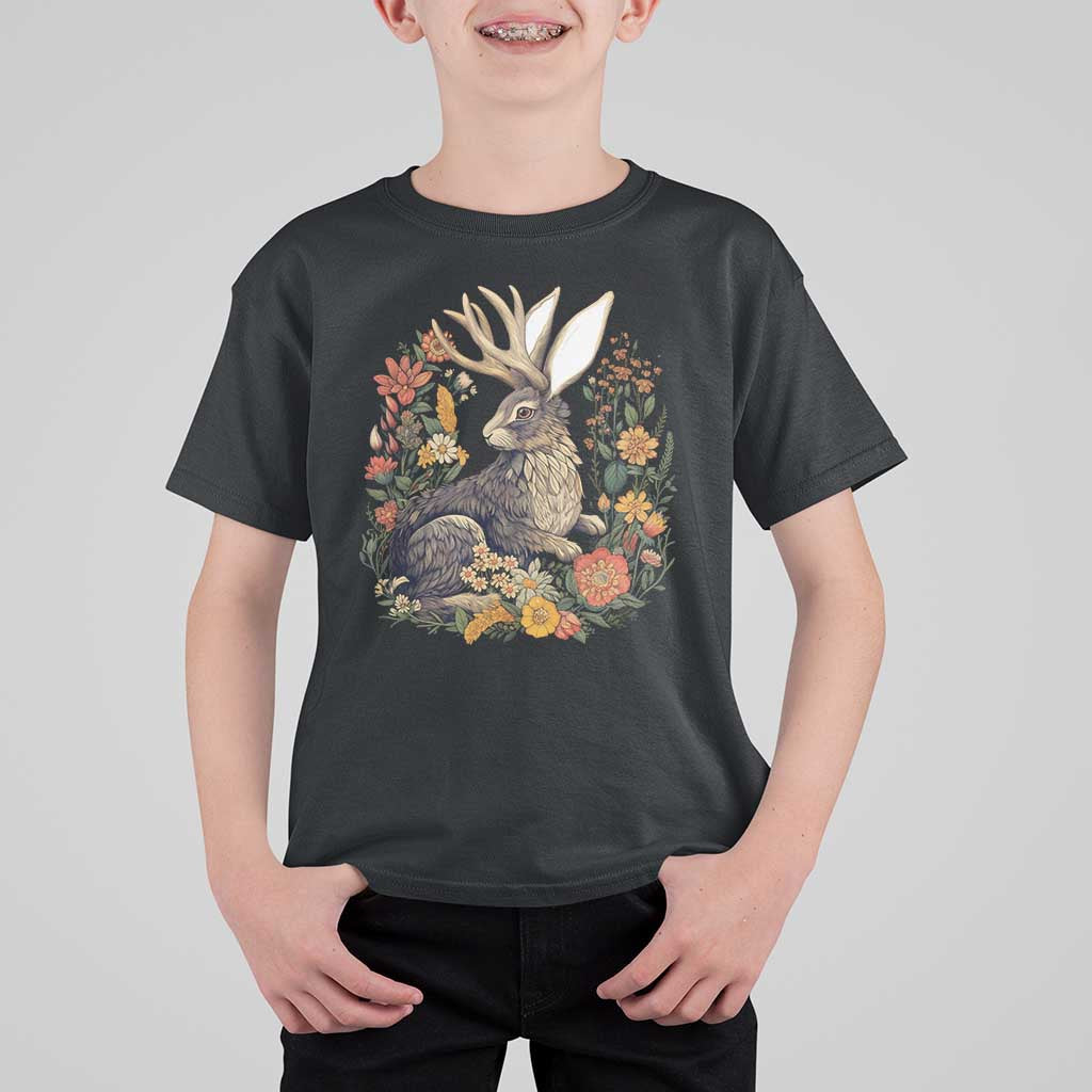 Funny Easter Day Jackalope Rabbit Vintage Flowers Cottagecore T Shirt For Kid