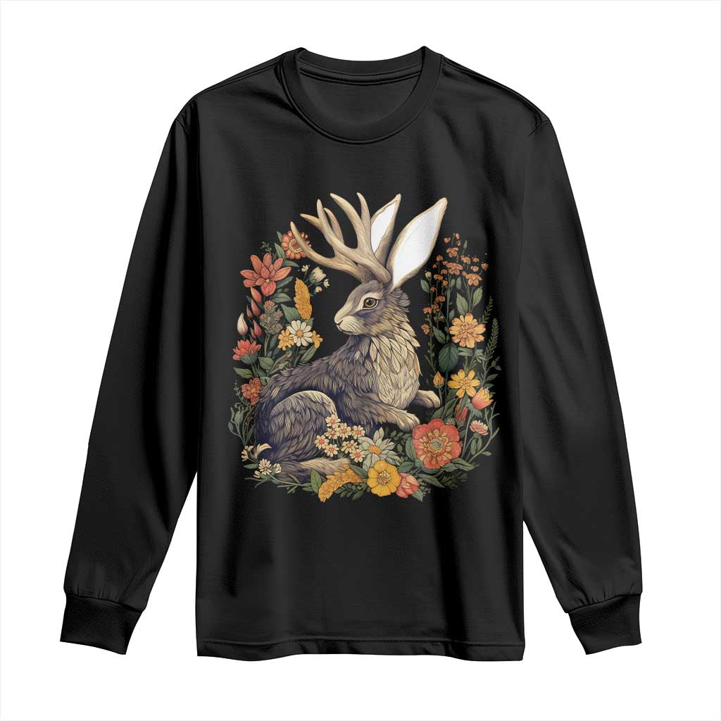 Funny Easter Day Jackalope Rabbit Vintage Flowers Cottagecore Long Sleeve Shirt