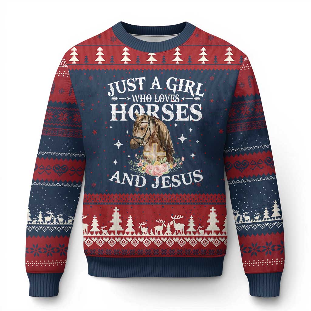 Just A Girl Who Loves Horses And Jesus Ugly Christmas Sweater Christian Girls Horse - Wonder Print Shop