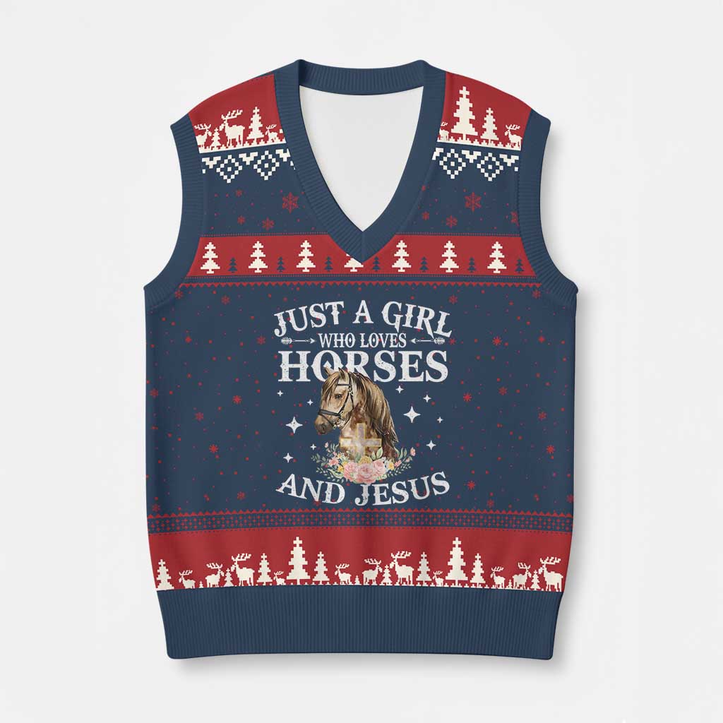 Just A Girl Who Loves Horses And Jesus V-Neck Knit Sweater Vest Christian Girls Horse - Wonder Print Shop