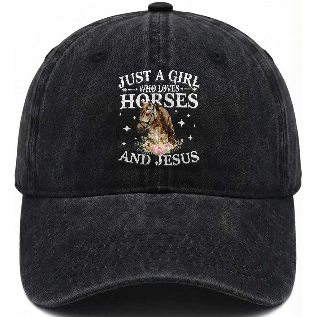 Just A Girl Who Loves Horses And Jesus Washed Cotton Baseball Cap Christian Girls Horse