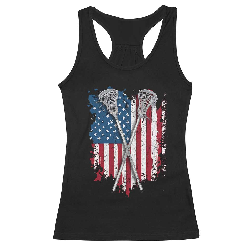 Funny Patriotic Lax Lacrosse Sticks American Flag Racerback Tank Top