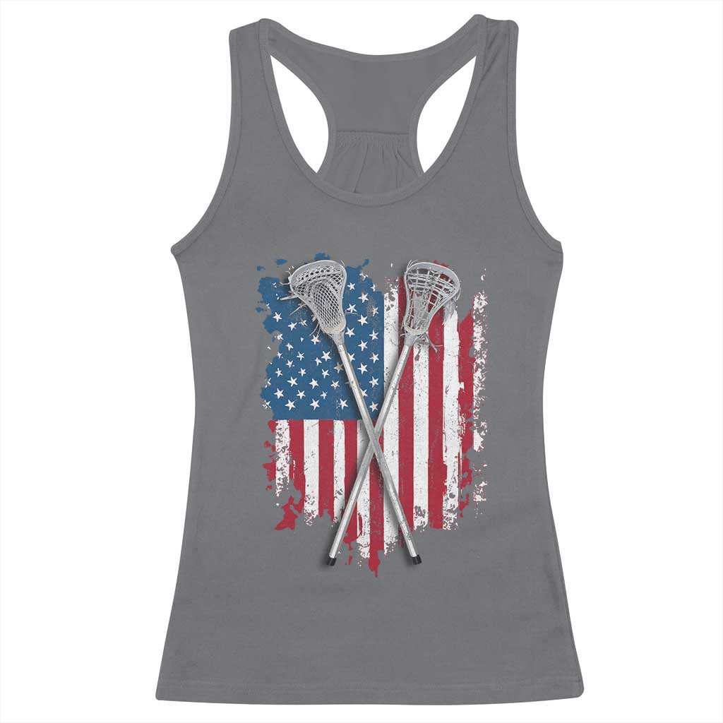 Funny Patriotic Lax Lacrosse Sticks American Flag Racerback Tank Top