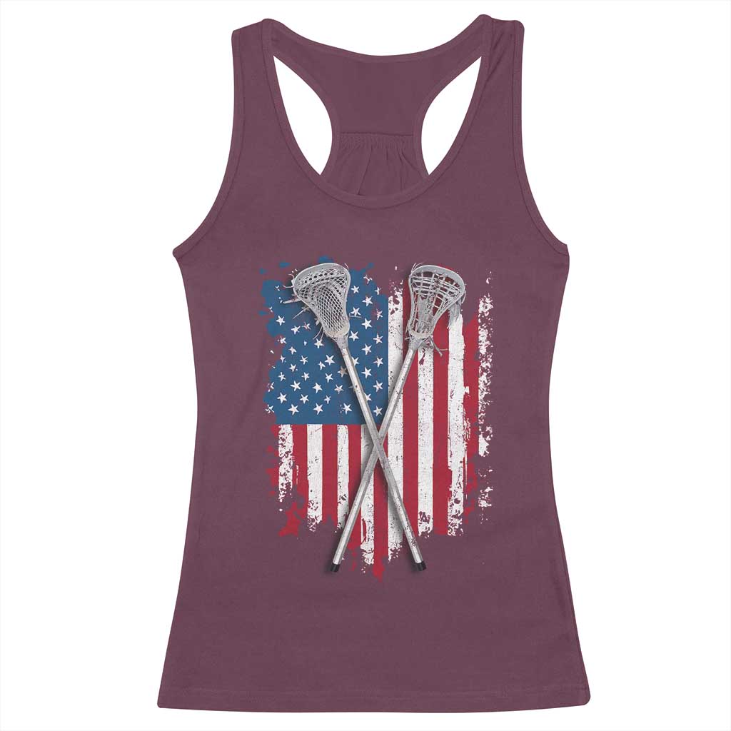 Funny Patriotic Lax Lacrosse Sticks American Flag Racerback Tank Top