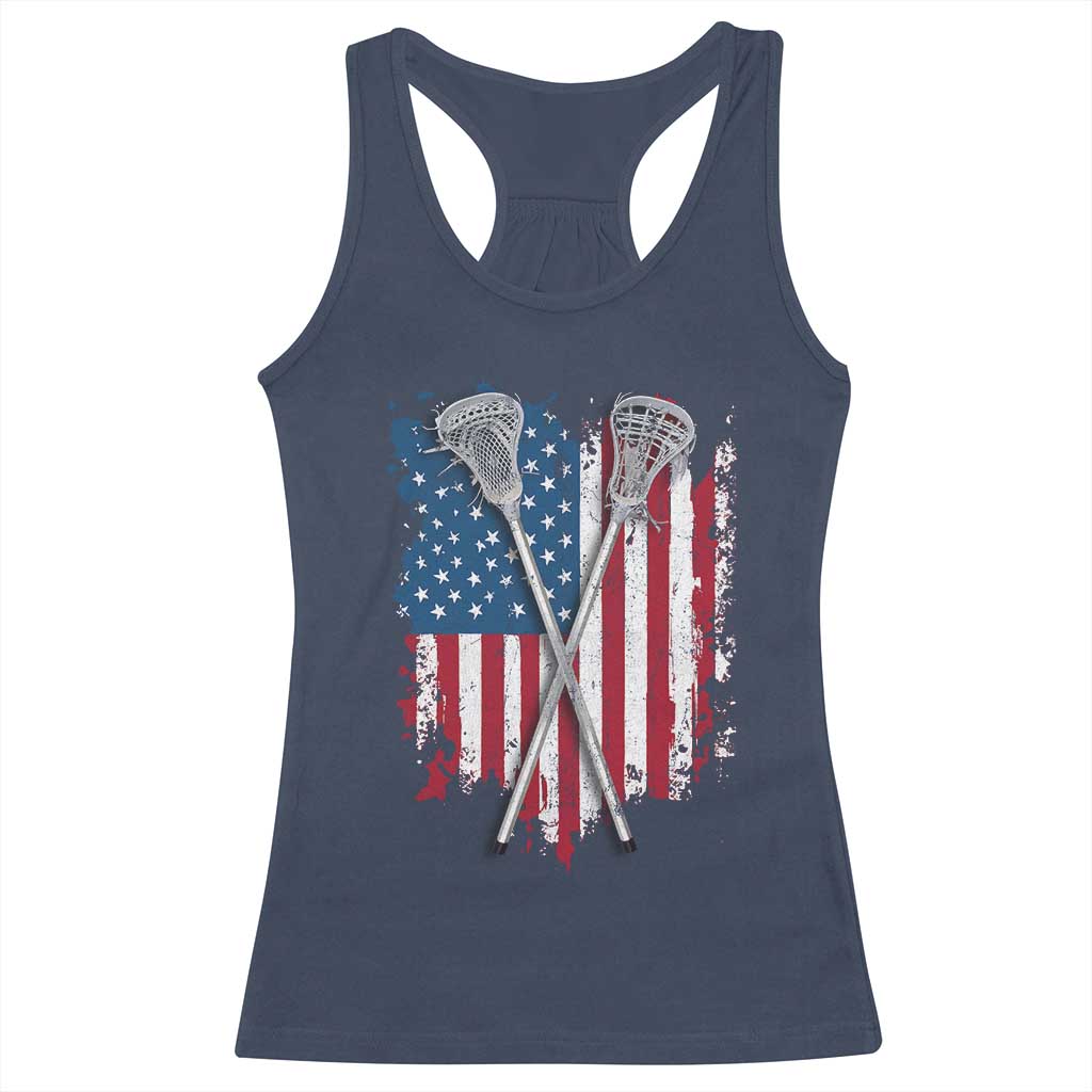 Funny Patriotic Lax Lacrosse Sticks American Flag Racerback Tank Top
