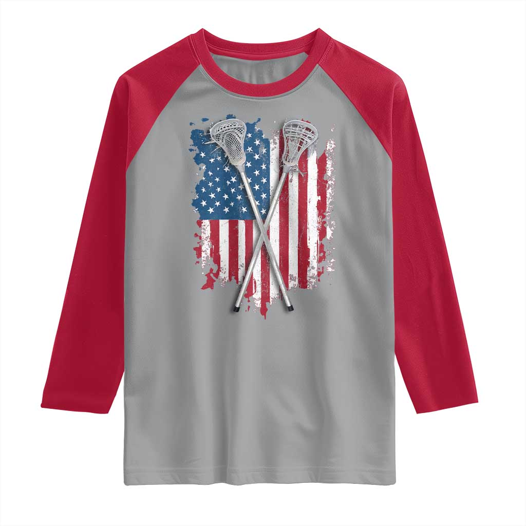 Funny Patriotic Lax Lacrosse Sticks American Flag Raglan Shirt