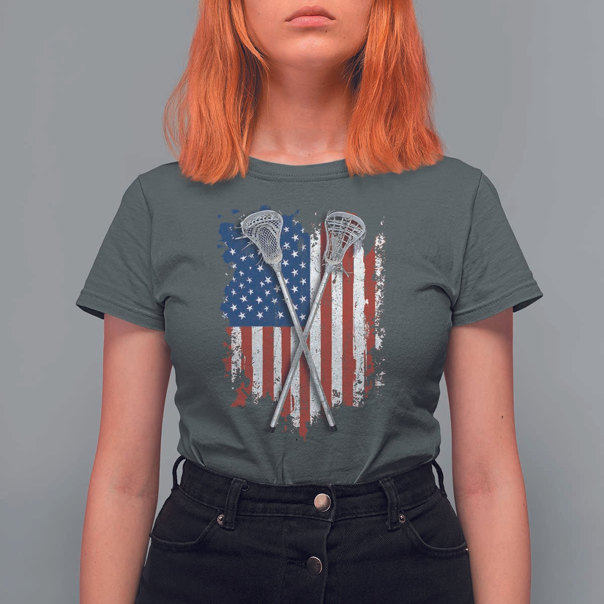 Funny Patriotic Lax Lacrosse Sticks American Flag T Shirt For Women