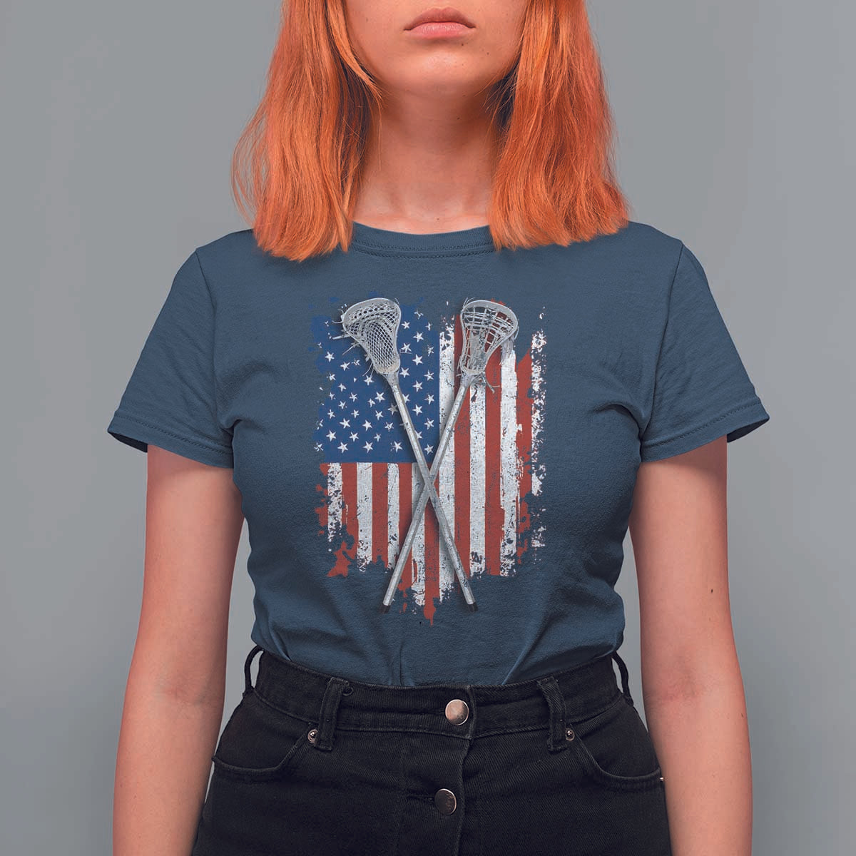 Funny Patriotic Lax Lacrosse Sticks American Flag T Shirt For Women
