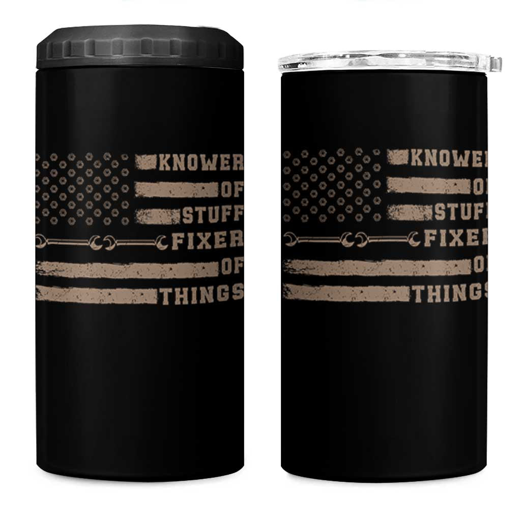 Knower Of Stuff Fixer Of Things 4 in 1 Can Cooler Tumbler Funny Handyman Dad Husband Vintage American Flag