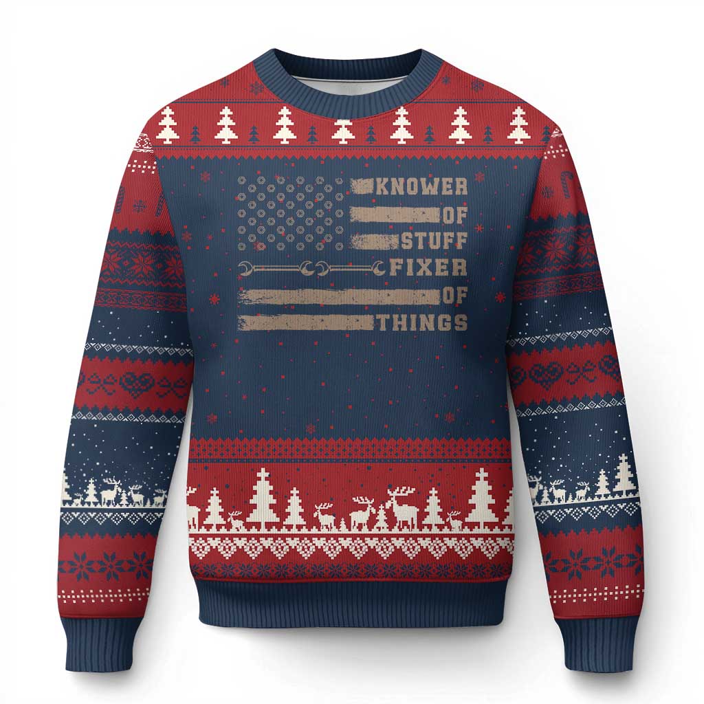 Knower Of Stuff Fixer Of Things Ugly Christmas Sweater Funny Handyman Dad Husband Vintage American Flag