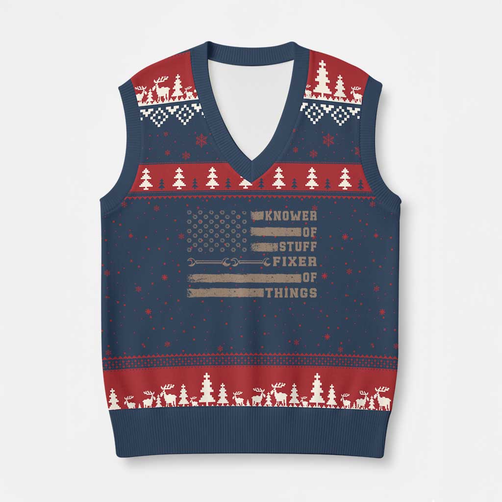 Knower Of Stuff Fixer Of Things V-Neck Knit Sweater Vest Funny Handyman Dad Husband Vintage American Flag