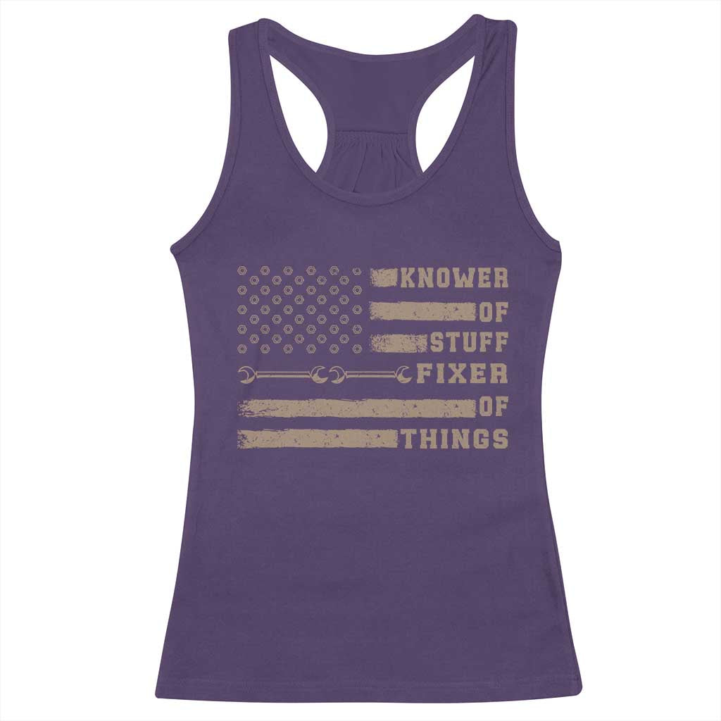 Knower Of Stuff Fixer Of Things Racerback Tank Top Funny Handyman Dad Husband Vintage American Flag