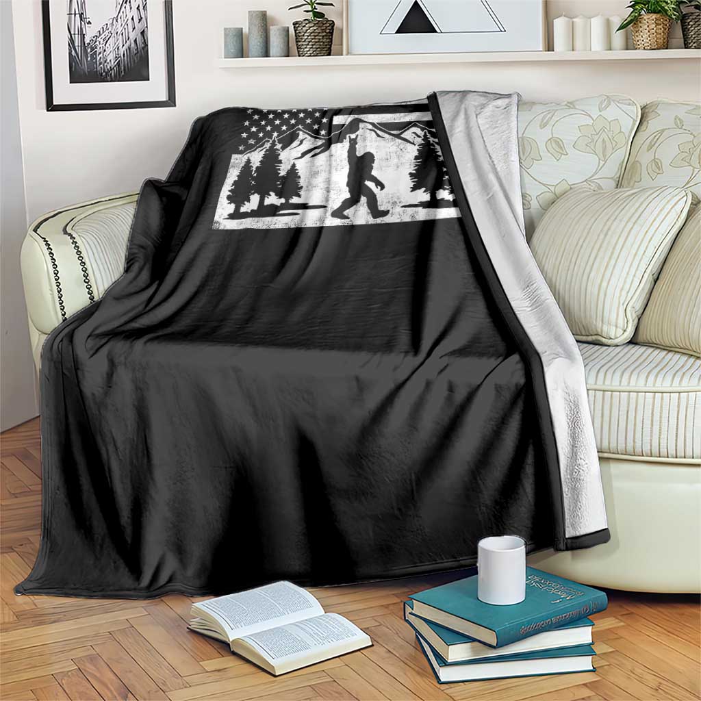 Patriotic Bigfoot American Flag in Forest Throw Blanket