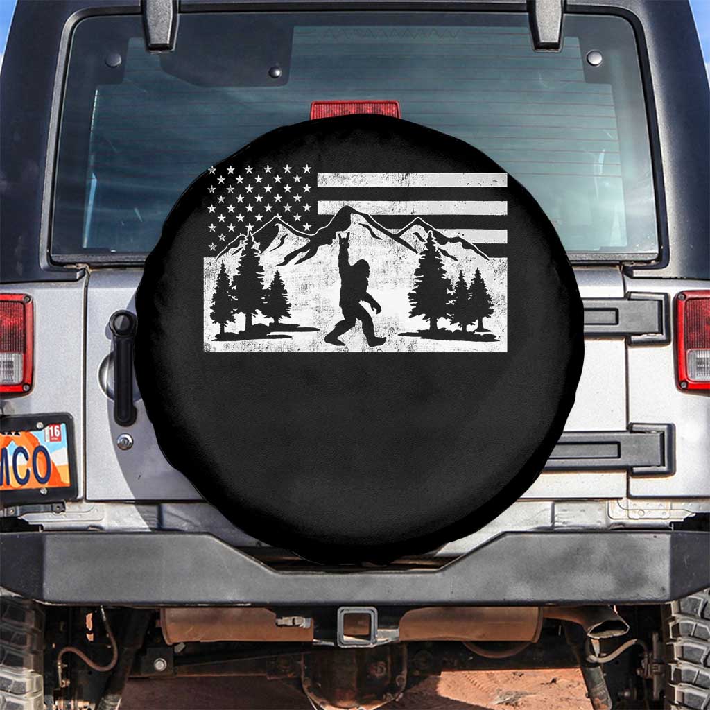 Patriotic Bigfoot American Flag in Forest Spare Tire Cover