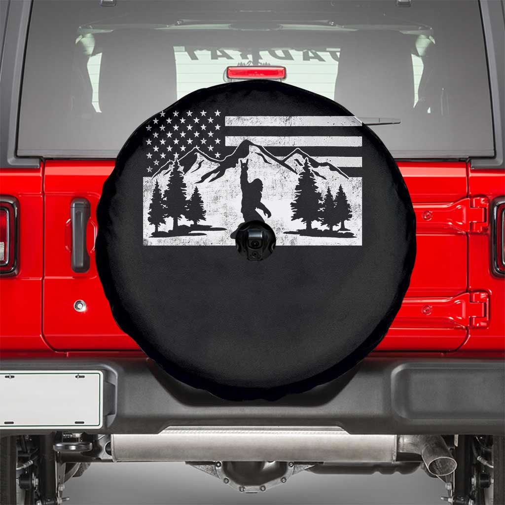 Patriotic Bigfoot American Flag in Forest Spare Tire Cover