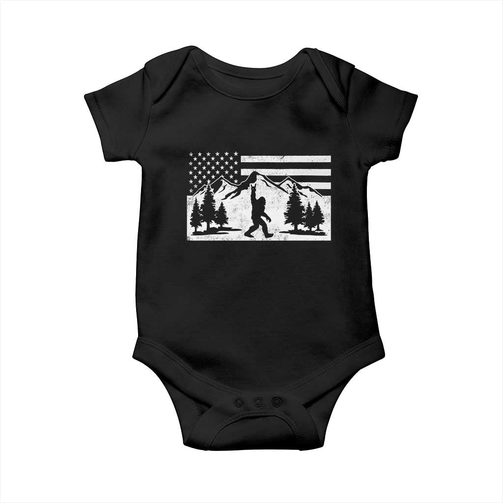 Patriotic Bigfoot American Flag in Forest Baby Onesie