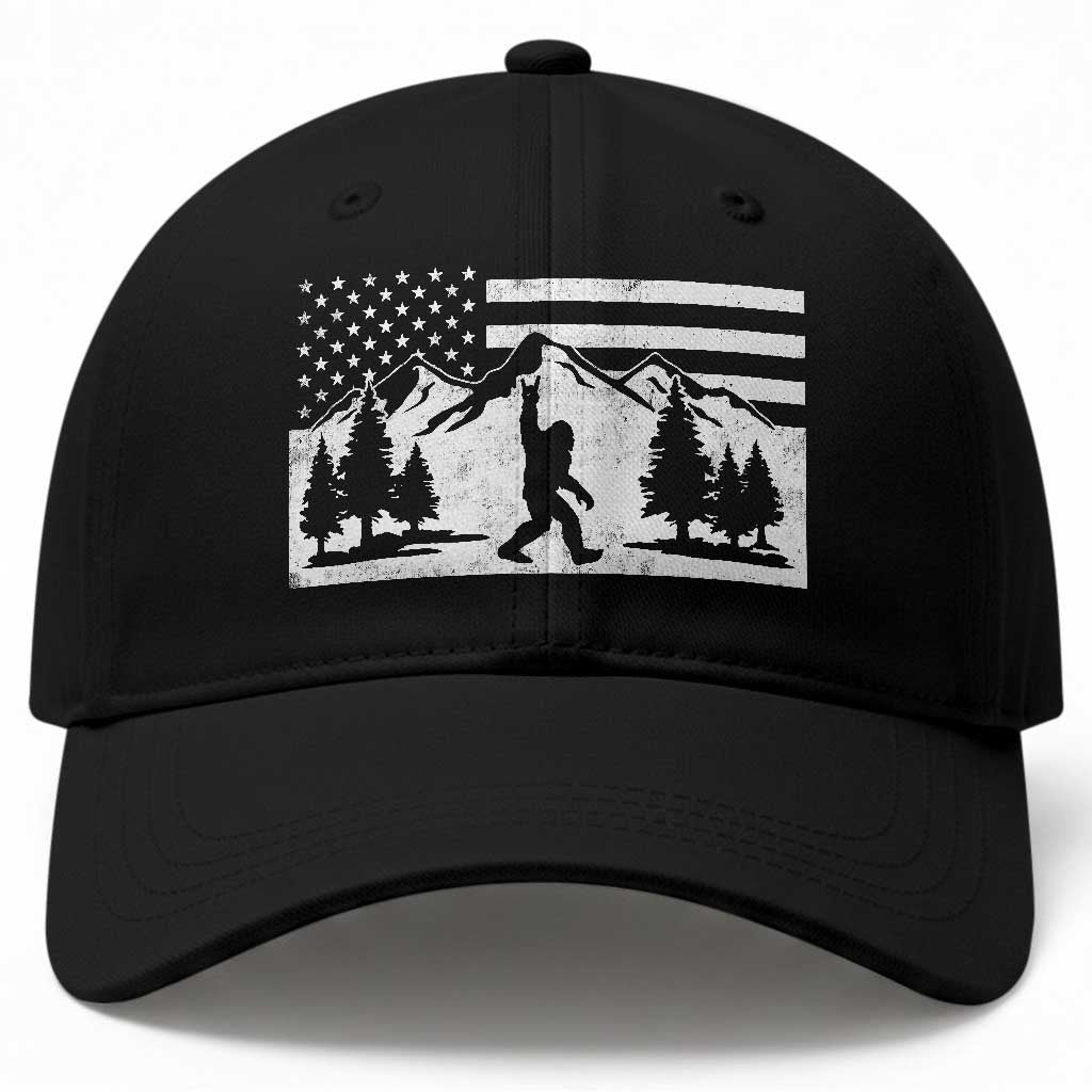 Patriotic Bigfoot American Flag in Forest Baseball Cap